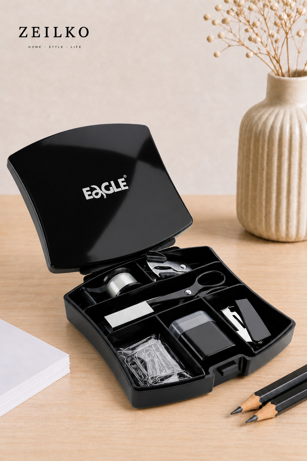 ZEILKO 7-teiliges Mini Büro-Set in Schwarz mit Schere, Klebeband, Tacker, Heftklammern, Büroklammern und Locher für Büro, Schule und Zuhause
