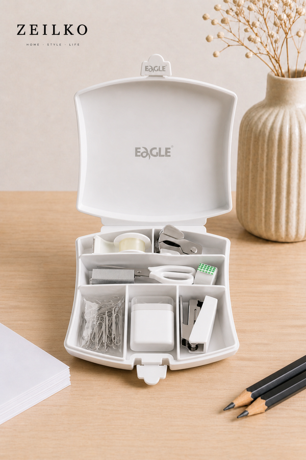 ZEILKO 7-teiliges Mini Büro-Set in Weiß mit Schere, Klebeband, Tacker, Heftklammern, Büroklammern und Locher für Büro, Schule und Zuhause