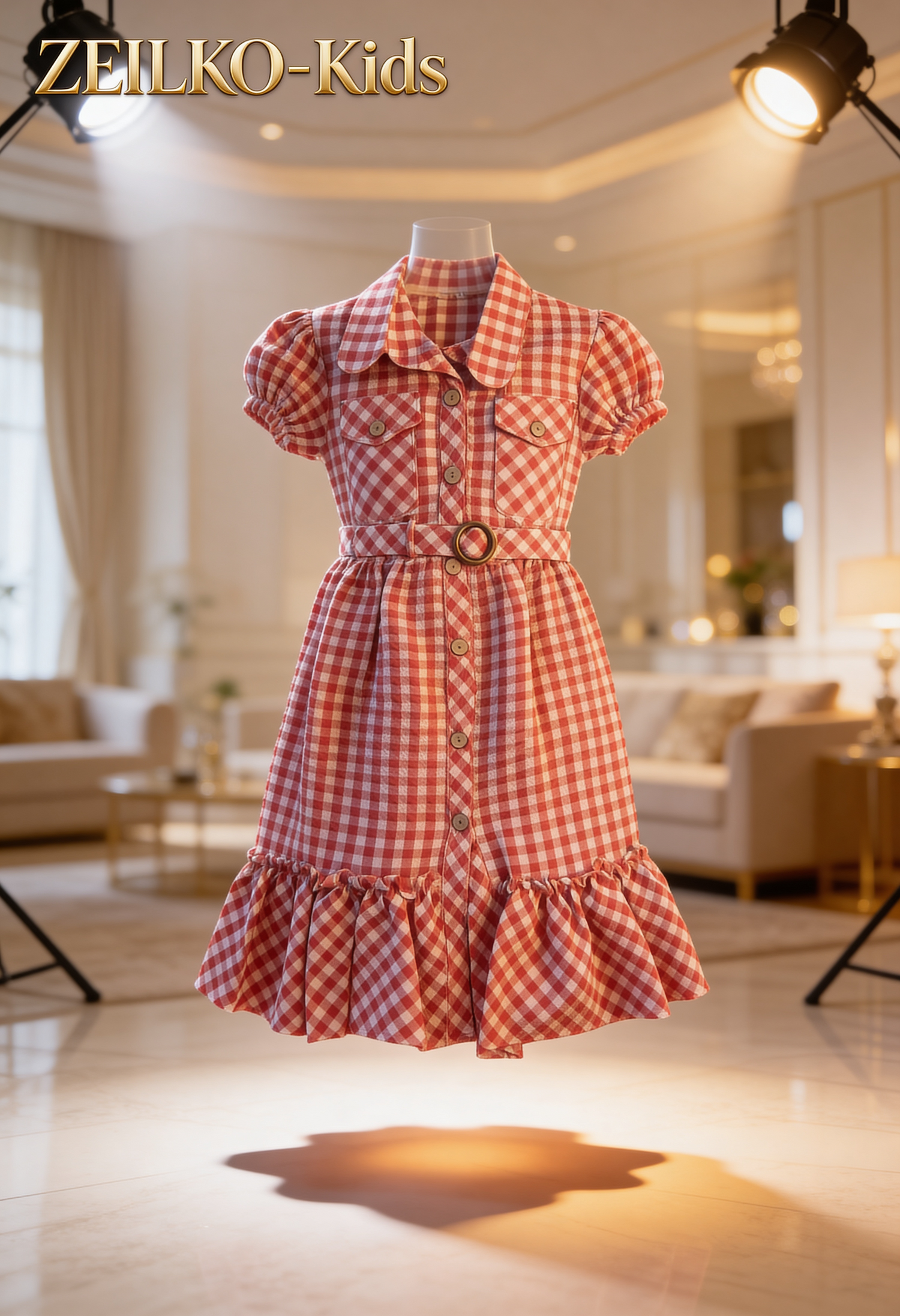 ZEILKO-Kids Mohnblume Mädchenkleid rot-weiß kariert mit Vichy-Karo, Brusttaschen, Knöpfen und luftigem Schnitt für Frühling und Sommer