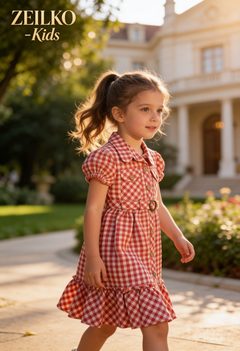 ZEILKO-Kids Mohnblume Mädchenkleid rot-weiß kariert mit Vichy-Karo, Brusttaschen, Knöpfen und luftigem Schnitt für Frühling und Sommer