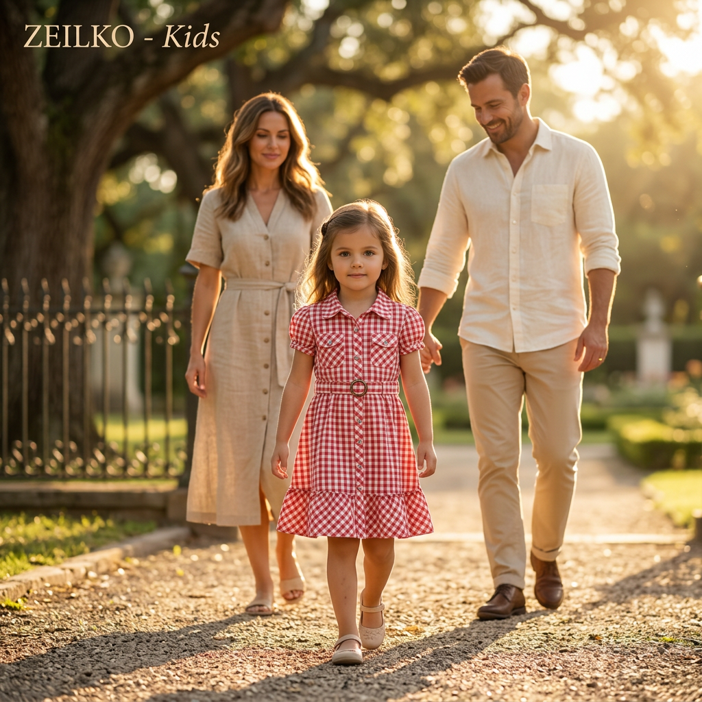 ZEILKO-Kids Mohnblume Mädchenkleid rot-weiß kariert mit Vichy-Karo, Brusttaschen, Knöpfen und luftigem Schnitt für Frühling und Sommer