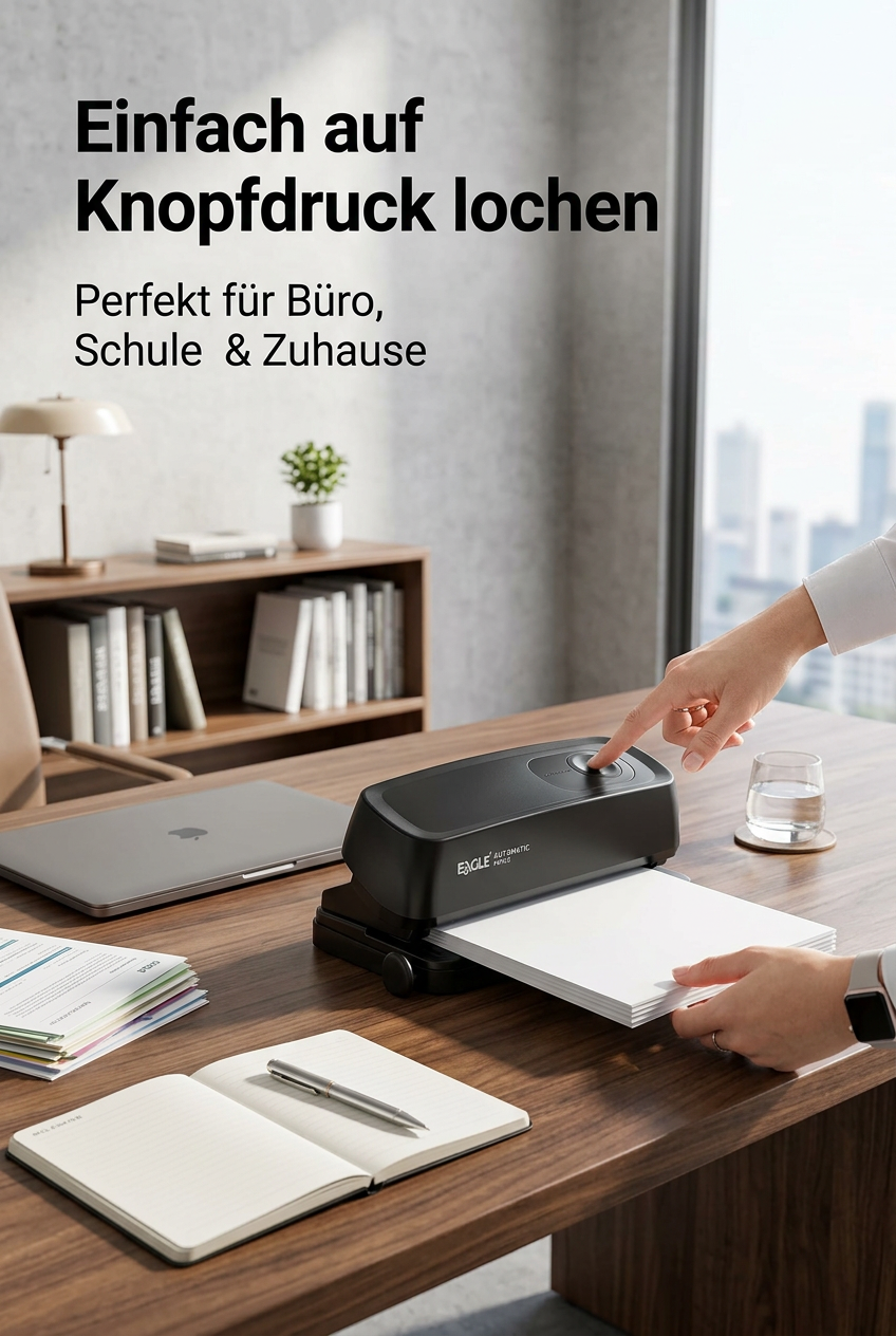 ZEILKO automatischer 3-Loch-Locher schwarz für bis zu 20 Blatt mit 7 mm Lochdurchmesser, Auffangschale und Stromversorgung