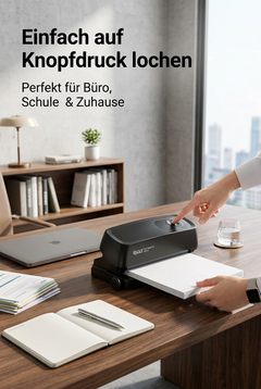 ZEILKO automatischer 3-Loch-Locher schwarz für bis zu 20 Blatt mit 7 mm Lochdurchmesser, Auffangschale und Stromversorgung