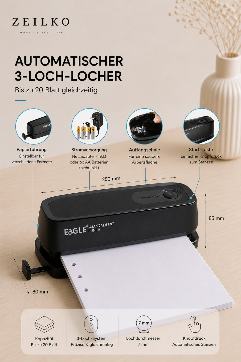 ZEILKO automatischer 3-Loch-Locher in Schwarz mit Papier, Netzadapter und Batterien auf modernem Schreibtisch