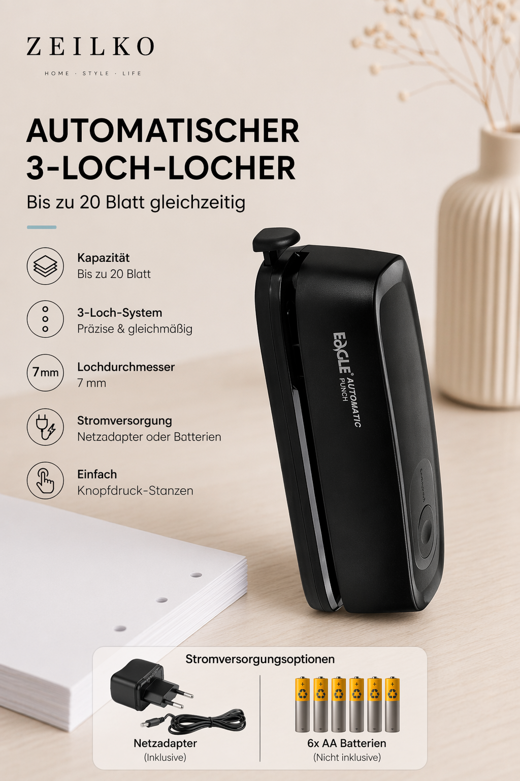 ZEILKO automatischer 3-Loch-Locher schwarz für bis zu 20 Blatt mit 7 mm Lochdurchmesser, Auffangschale und Stromversorgung