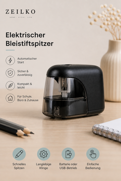 ZEILKO PowerSharp Pro elektrischer Bleistiftspitzer in Schwarz – automatischer Start, batteriebetrieben, kompakt