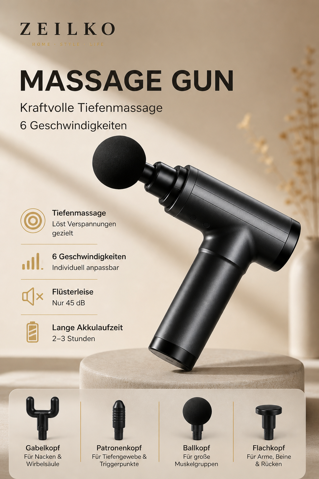ZEILKO Pro Massage Gun in Schwarz – Tiefengewebsmassage mit 6 Intensitätsstufen und 4 wechselbaren Aufsätzen