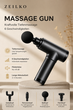 ZEILKO Pro Massage Gun in Schwarz – Tiefengewebsmassage mit 6 Intensitätsstufen und 4 wechselbaren Aufsätzen