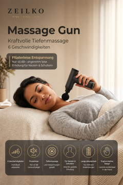 ZEILKO Pro Massage Gun in Schwarz – Tiefengewebsmassage mit 6 Intensitätsstufen und 4 wechselbaren Aufsätzen