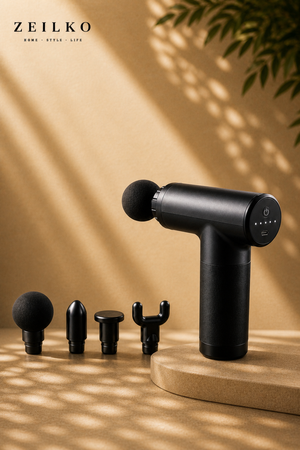 ZEILKO Profi Massage Gun in Schwarz – 6 Intensitätsstufen bis 3600 rpm, 4 Aufsätze, mit AC-Netzteil