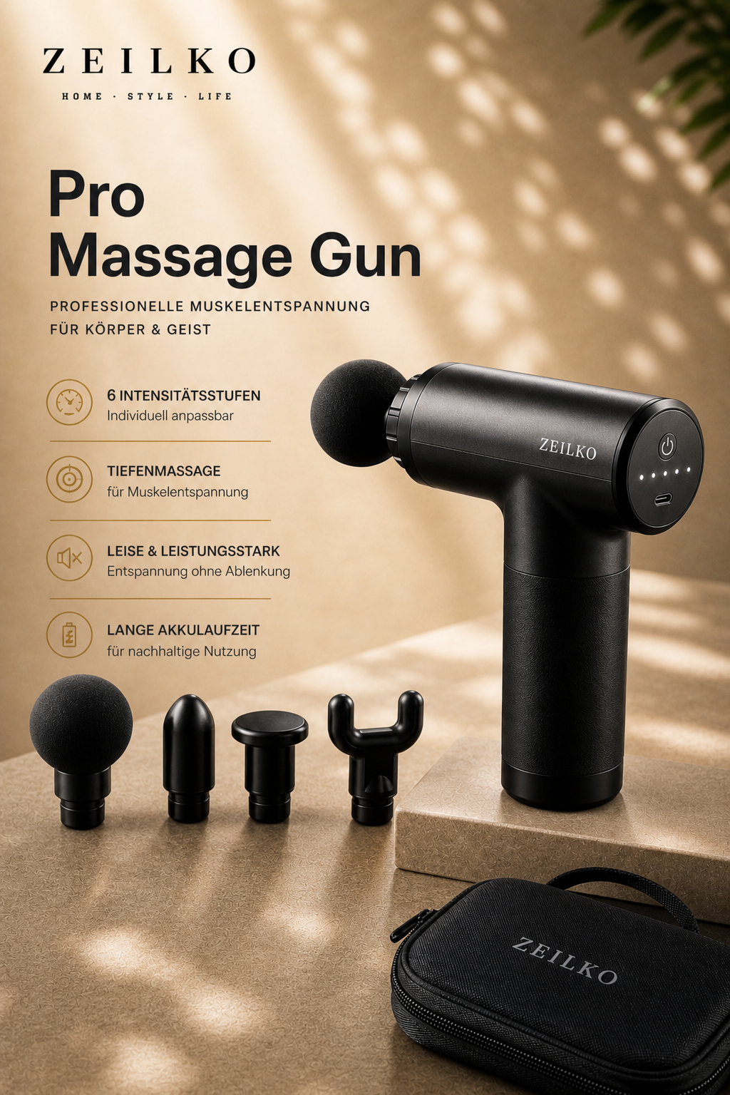 ZEILKO Profi Massage Gun in Schwarz – 6 Intensitätsstufen bis 3600 rpm, 4 Aufsätze, mit AC-Netzteil