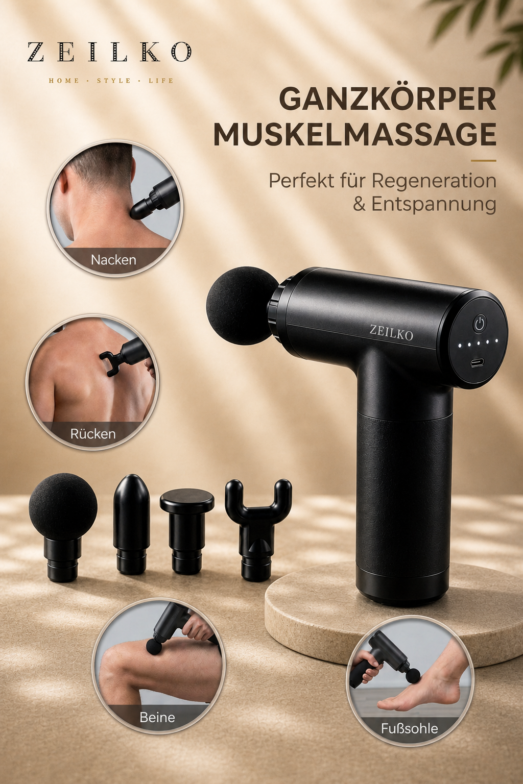 ZEILKO Profi Massage Gun in Schwarz – 6 Intensitätsstufen bis 3600 rpm, 4 Aufsätze, mit AC-Netzteil