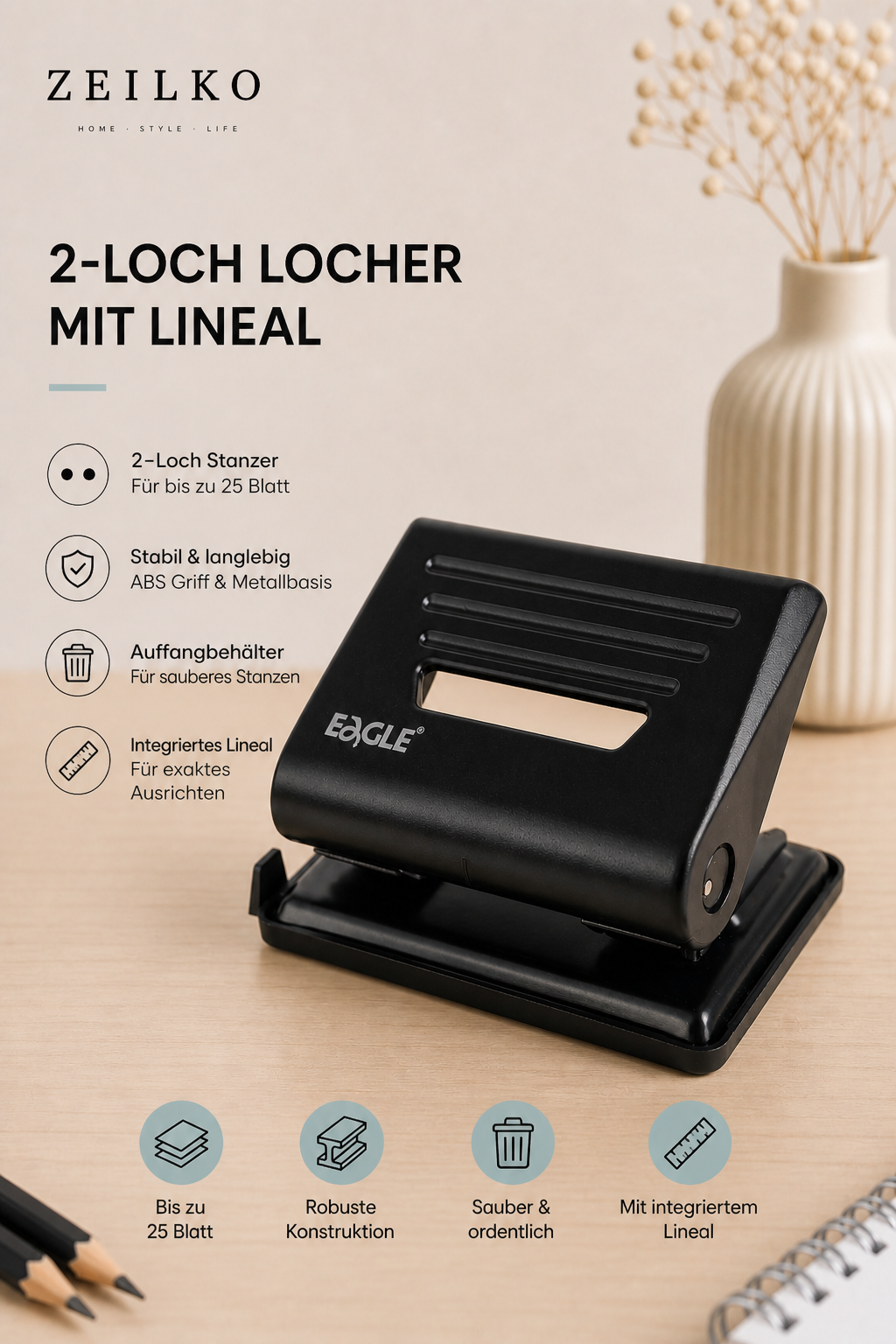 ZEILKO PunchLine Classic 2-Loch-Locher in Schwarz – integriertes Lineal, Metallbasis, bis 25 Blatt