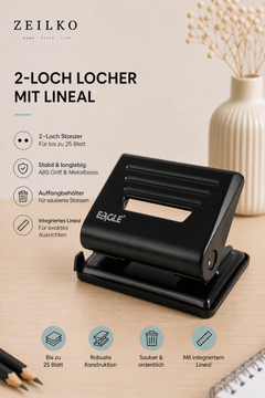 ZEILKO PunchLine Classic 2-Loch-Locher in Schwarz – integriertes Lineal, Metallbasis, bis 25 Blatt