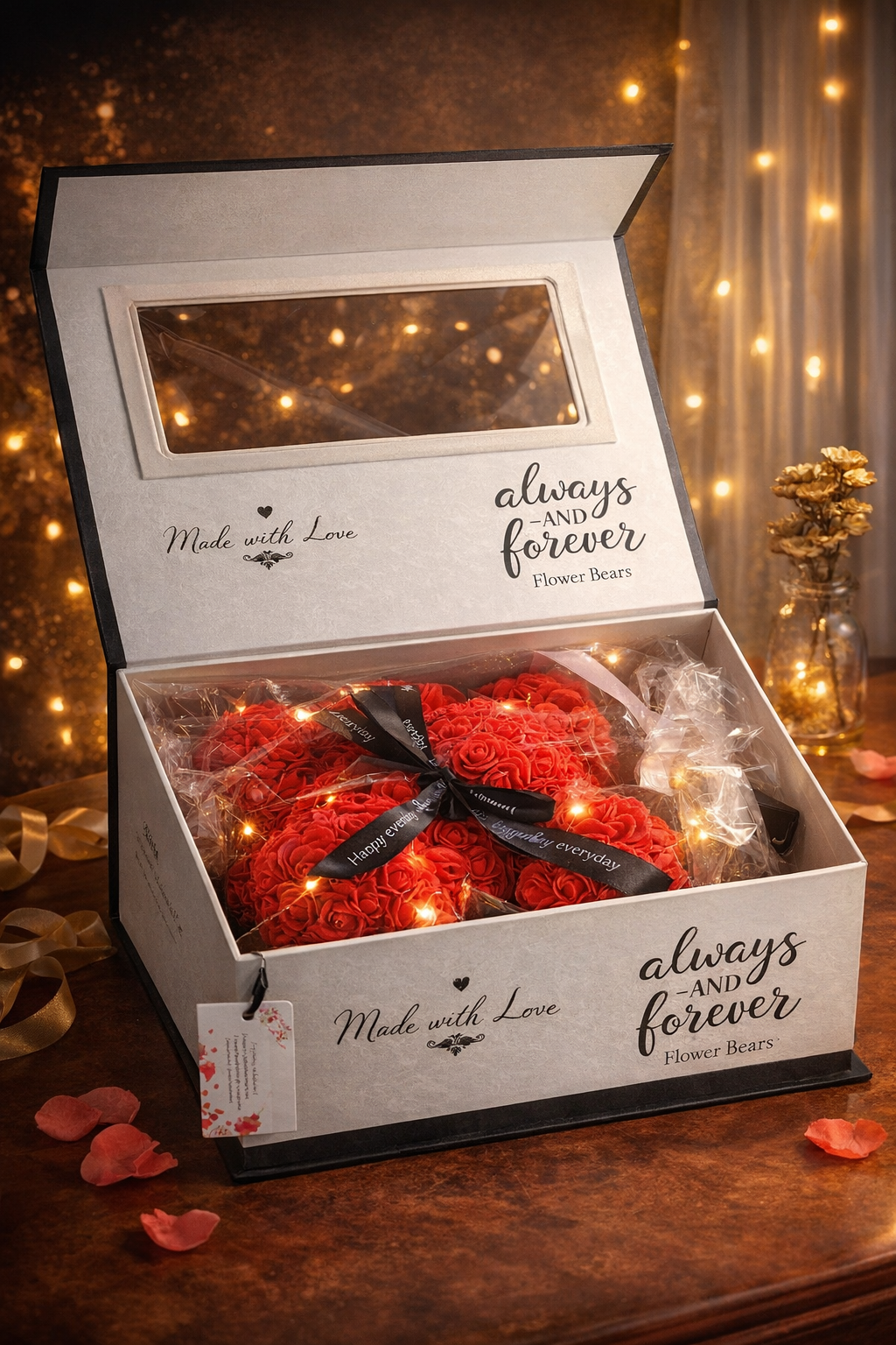 Roter Rosen-Teddy in eleganter Geschenkbox mit schwarzer Schleife und romantischer Beleuchtung