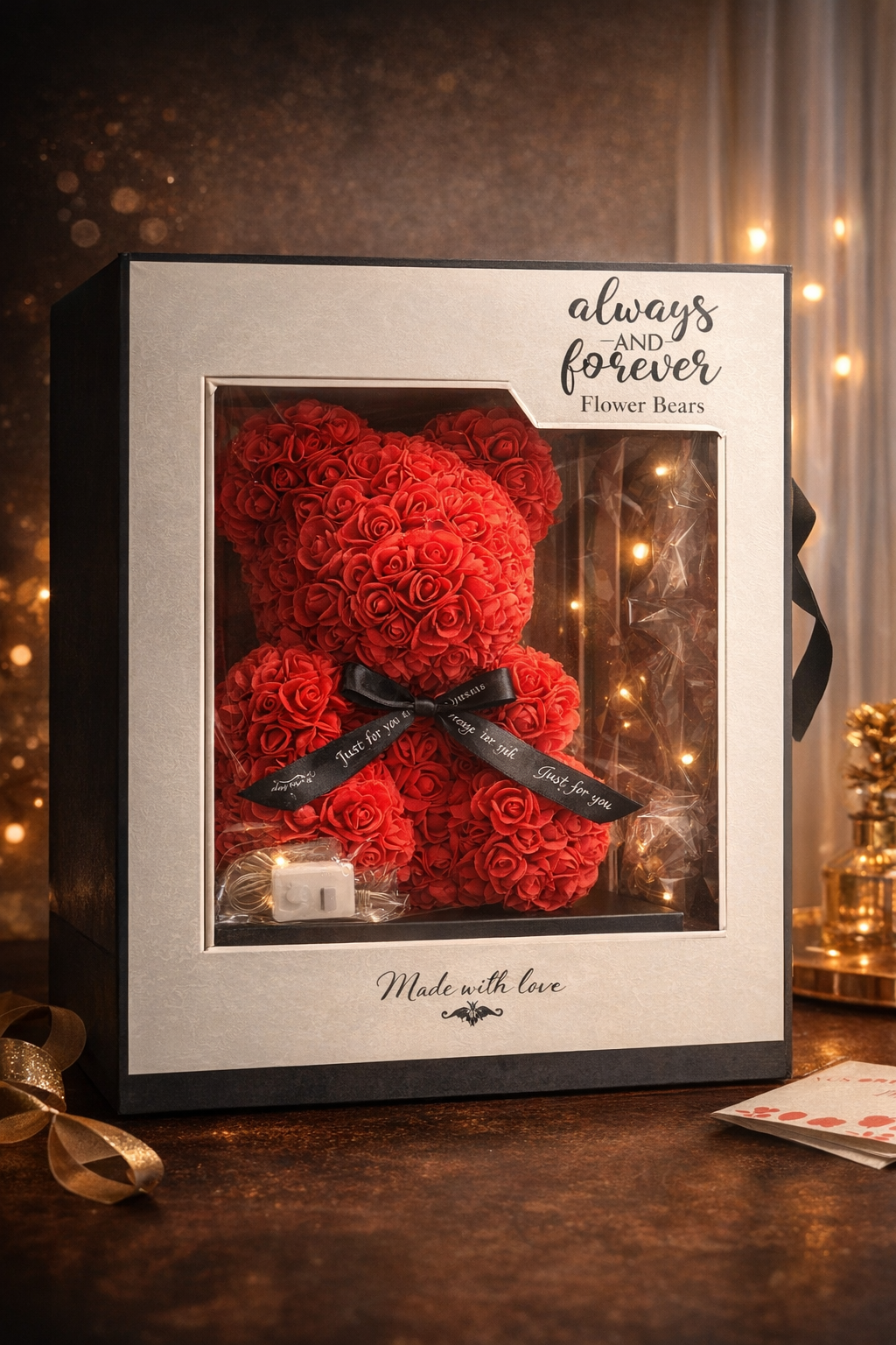 Roter Rosen-Teddy mit LED-Lichterkette in eleganter Geschenkbox als romantisches Geschenk