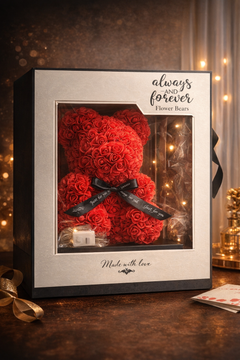 Roter Rosen-Teddy mit LED-Lichterkette in eleganter Geschenkbox als romantisches Geschenk