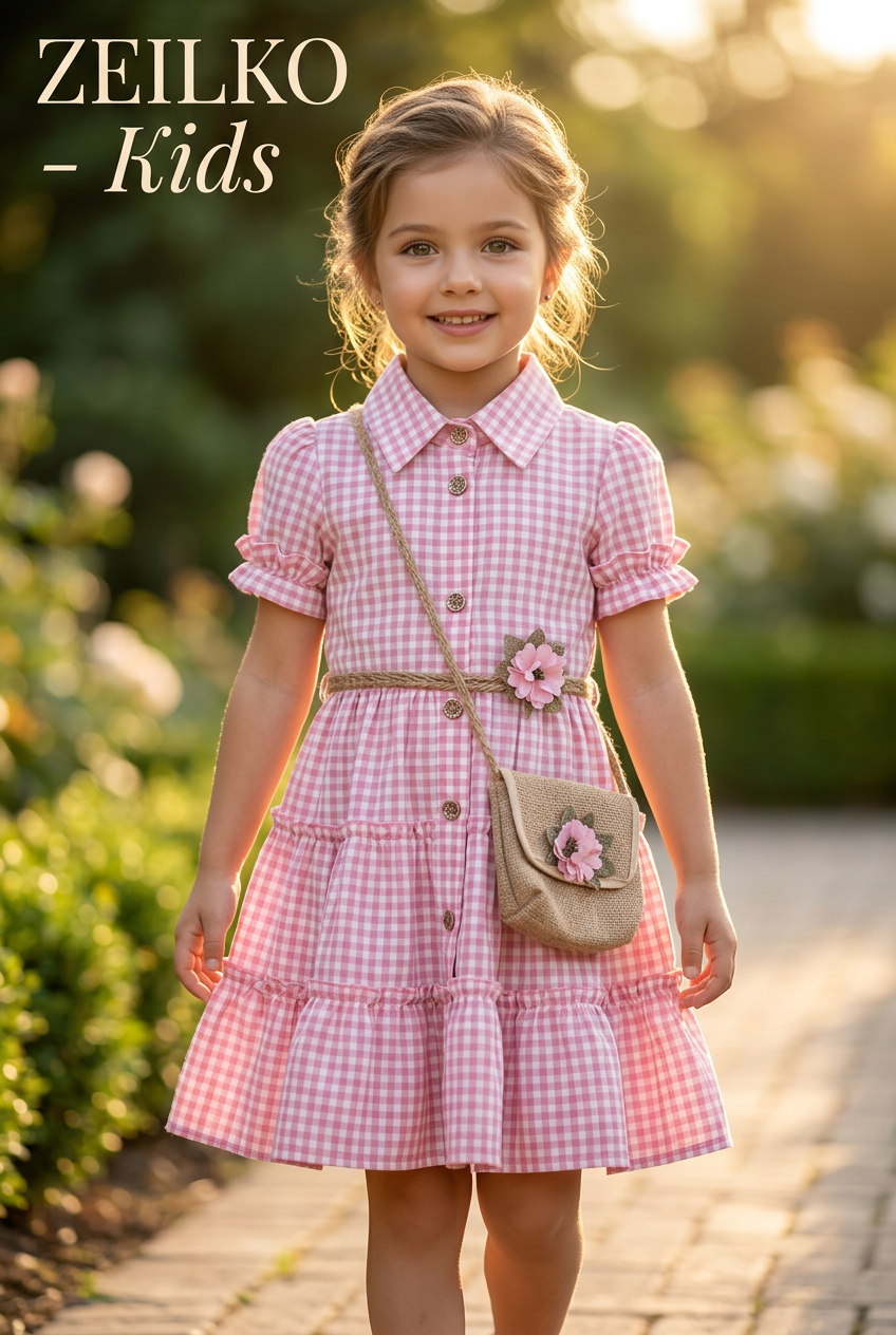 ZEILKO-Kids Mädchen Sommerkleid rosa-weiß kariert mit Knöpfen, Rüschen, Tasche und luftigem Schnitt für Frühling und Sommer