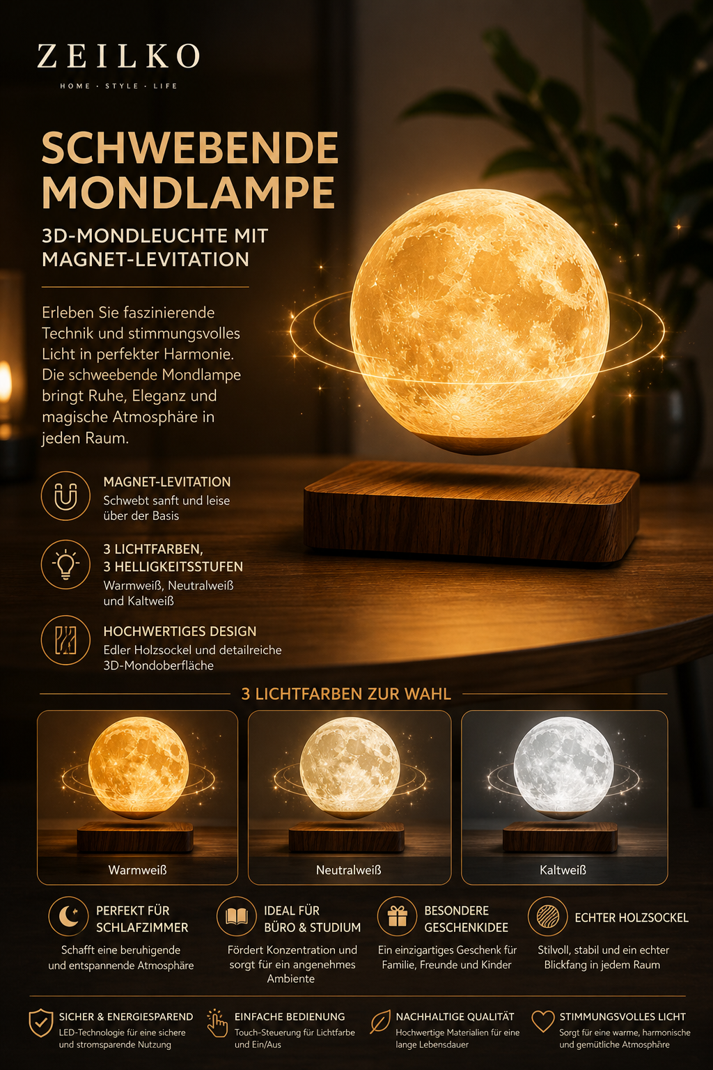 ZEILKO schwebende Mondlampe 14cm mit magnetischer Levitation und Holzsockel – 3 Lichtfarben wählbar