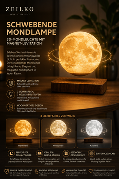 ZEILKO schwebende Mondlampe 14cm mit magnetischer Levitation und Holzsockel – 3 Lichtfarben wählbar