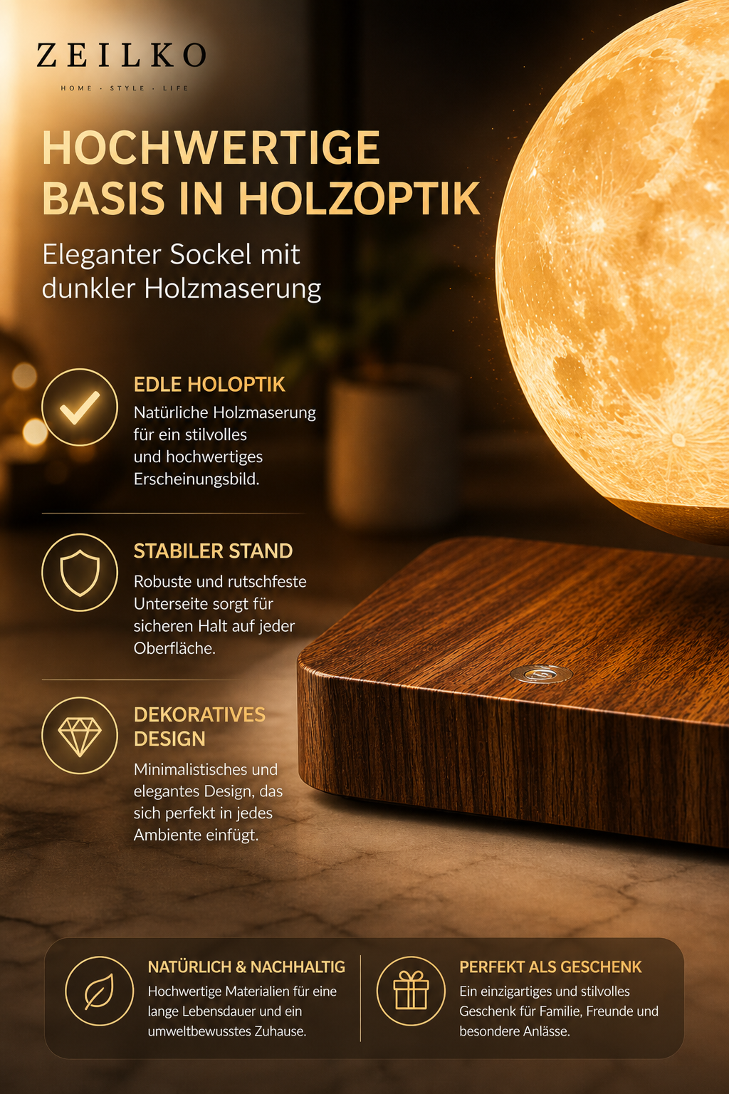 ZEILKO schwebende Mondlampe 14cm mit magnetischer Levitation und Holzsockel – 3 Lichtfarben wählbar