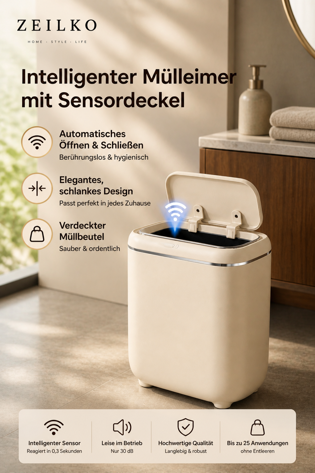 ZEILKO Sensor-Mülleimer 14 Liter in Schwarz – automatischer Deckel, berührungslos, IPX5 wassergeschützt