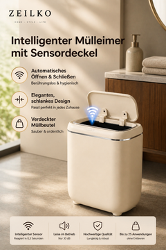 ZEILKO Sensor-Mülleimer 14 Liter in Schwarz – automatischer Deckel, berührungslos, IPX5 wassergeschützt