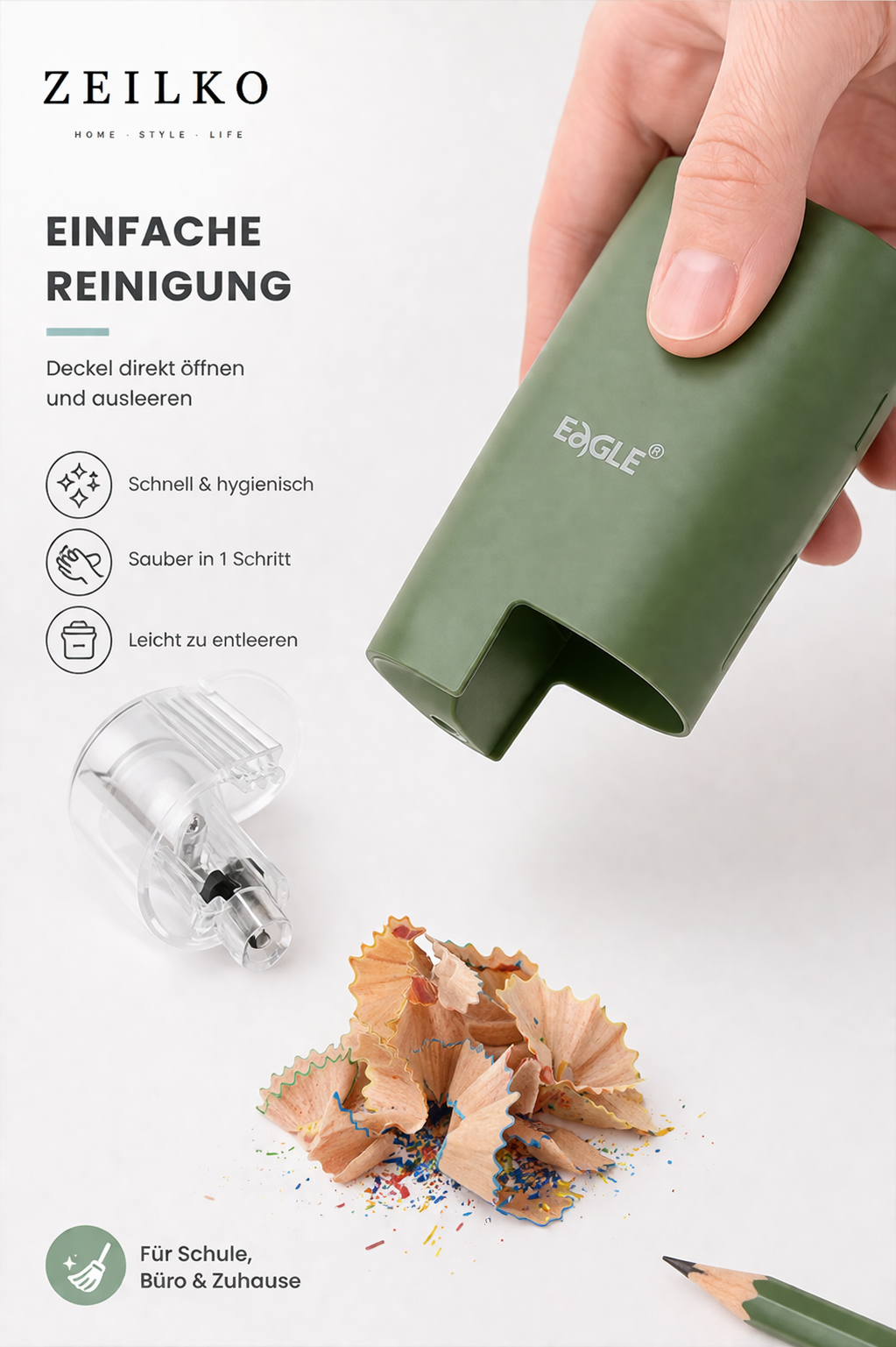 ZEILKO automatischer Bleistiftspitzer in Grün mit schneller 3–5 Sekunden Spitzfunktion, Stahlklinge und kompakter Reinigung für Schule, Büro und Zuhause
