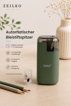 ZEILKO automatischer Bleistiftspitzer in Grün mit schneller 3–5 Sekunden Spitzfunktion, Stahlklinge und kompakter Reinigung für Schule, Büro und Zuhause