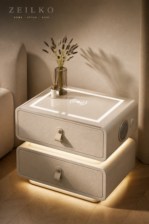 ZEILKO Smart LED Nachttisch mit Holz-Optik – kabellose Ladefunktion, Bluetooth-Lautsprecher und warmes Ambientelicht