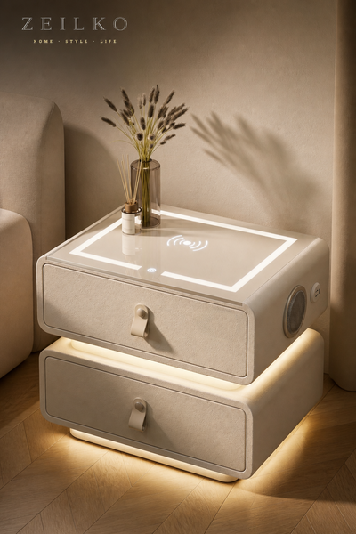 ZEILKO Smart LED Nachttisch mit Holz-Optik – kabellose Ladefunktion, Bluetooth-Lautsprecher und warmes Ambientelicht