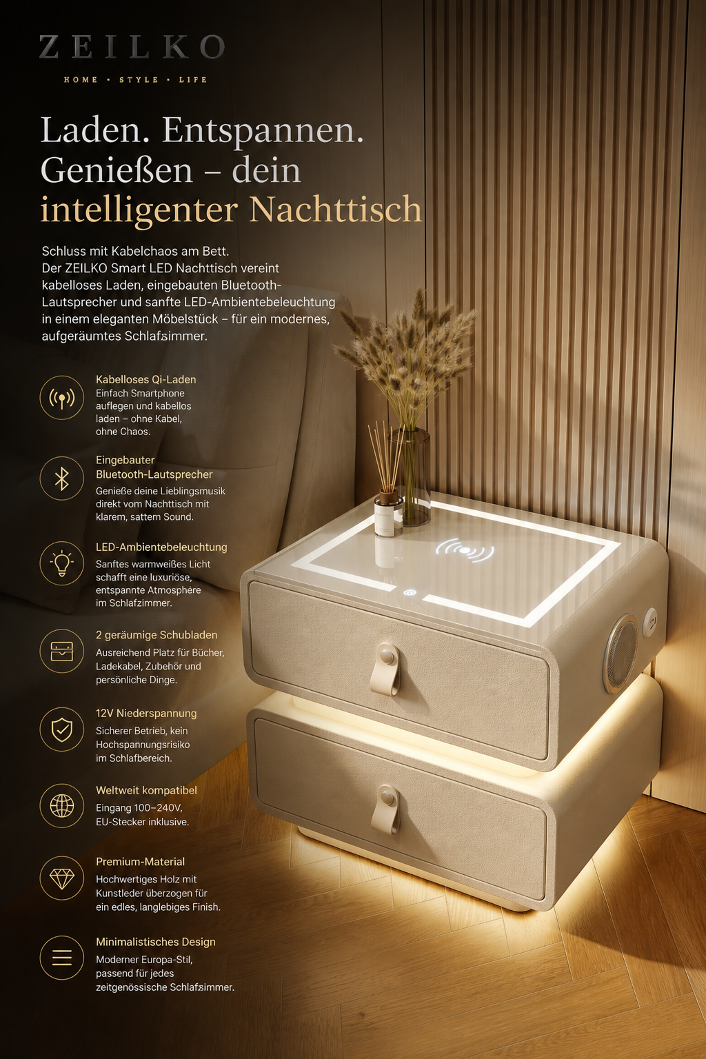 ZEILKO Smart LED Nachttisch mit Holz-Optik – kabellose Ladefunktion, Bluetooth-Lautsprecher und warmes Ambientelicht