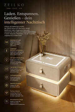 ZEILKO Smart LED Nachttisch mit Holz-Optik – kabellose Ladefunktion, Bluetooth-Lautsprecher und warmes Ambientelicht
