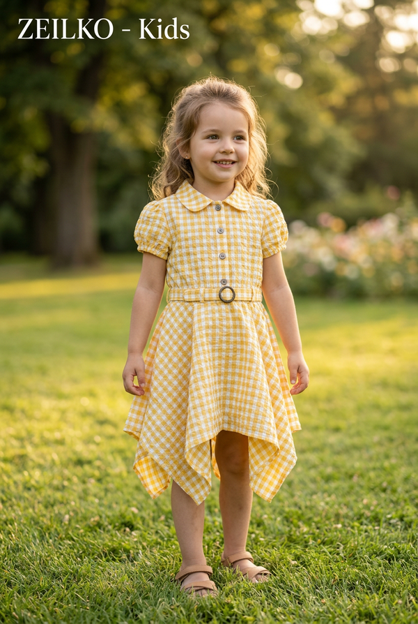 ZEILKO-Kids Sommerwind Mädchenkleid gelb-weiß kariert mit Vichy-Karo, Knöpfen, Gürtel und asymmetrischem Saum für Frühling und Sommer