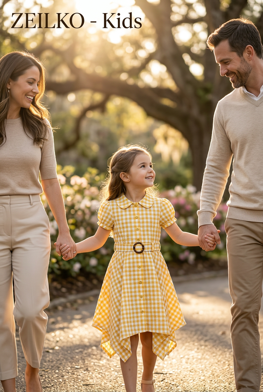 ZEILKO-Kids Sommerwind Mädchenkleid gelb-weiß kariert mit Vichy-Karo, Knöpfen, Gürtel und asymmetrischem Saum für Frühling und Sommer