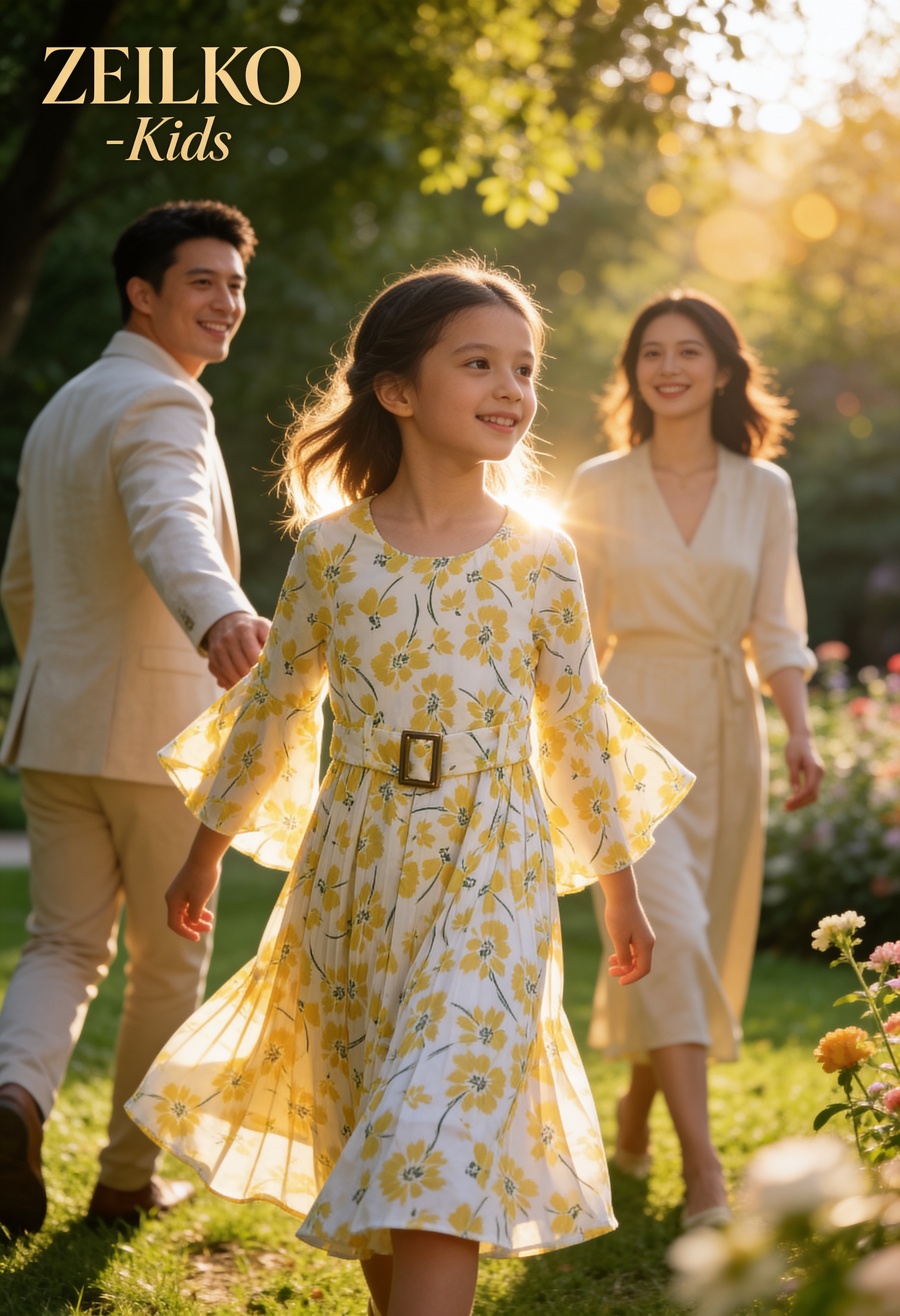 Mädchen trägt ein weißes ZEILKO-Kids Sommerkleid mit gelbem Blumenmuster, Gürtel und Glockenärmeln im sonnigen Garten