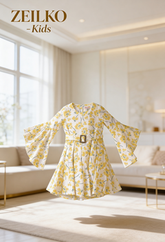 ZEILKO-Kids Mädchen Sommerkleid weiß mit gelbem Blumenmuster, Glockenärmeln, Gürtel und luftigem Schnitt für Frühling und Sommer