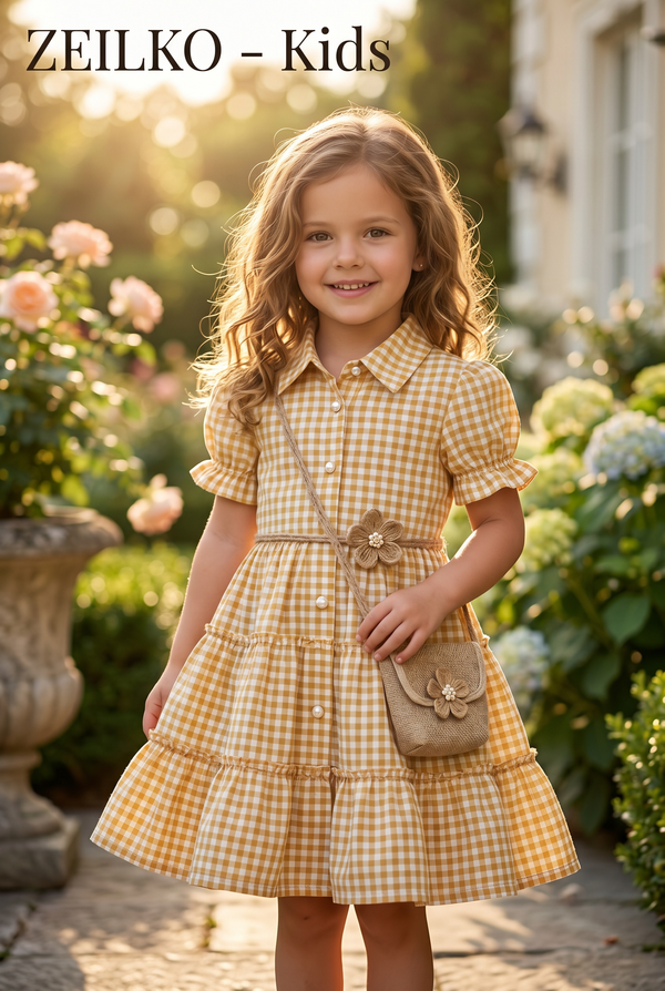 ZEILKO-Kids Sonnenkind Mädchenkleid gelb-weiß kariert mit Schultertasche, Knopfleiste, Rüschen und luftigem Schnitt für Frühling und Sommer