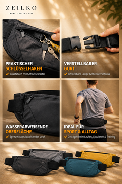 ZEILKO Sport-Bauchtasche für Laufen, Reisen und Alltag in Schwarz, Grau, Blau und Gelb mit praktischem Reißverschluss