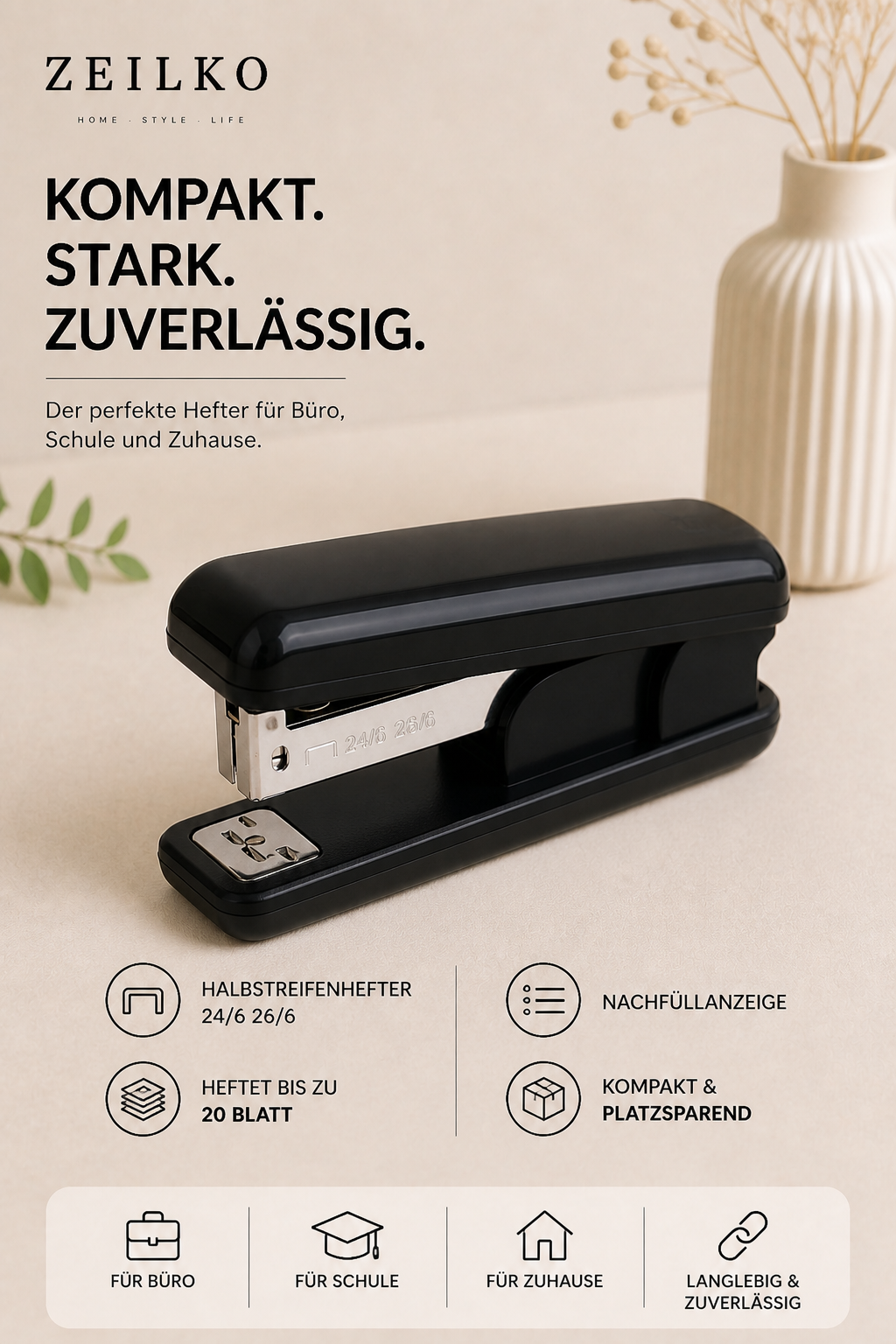 ZEILKO StapleMini Compact Heftgerät in Schwarz – kompaktes Design, bis 20 Blatt, Klammergröße 24/6 und 26/6