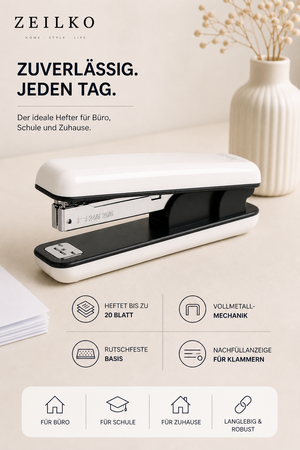 ZEILKO StaplePro Classic Heftgerät in Schwarz/Weiß – robuste Metallmechanik, rutschfeste Basis, bis 20 Blatt