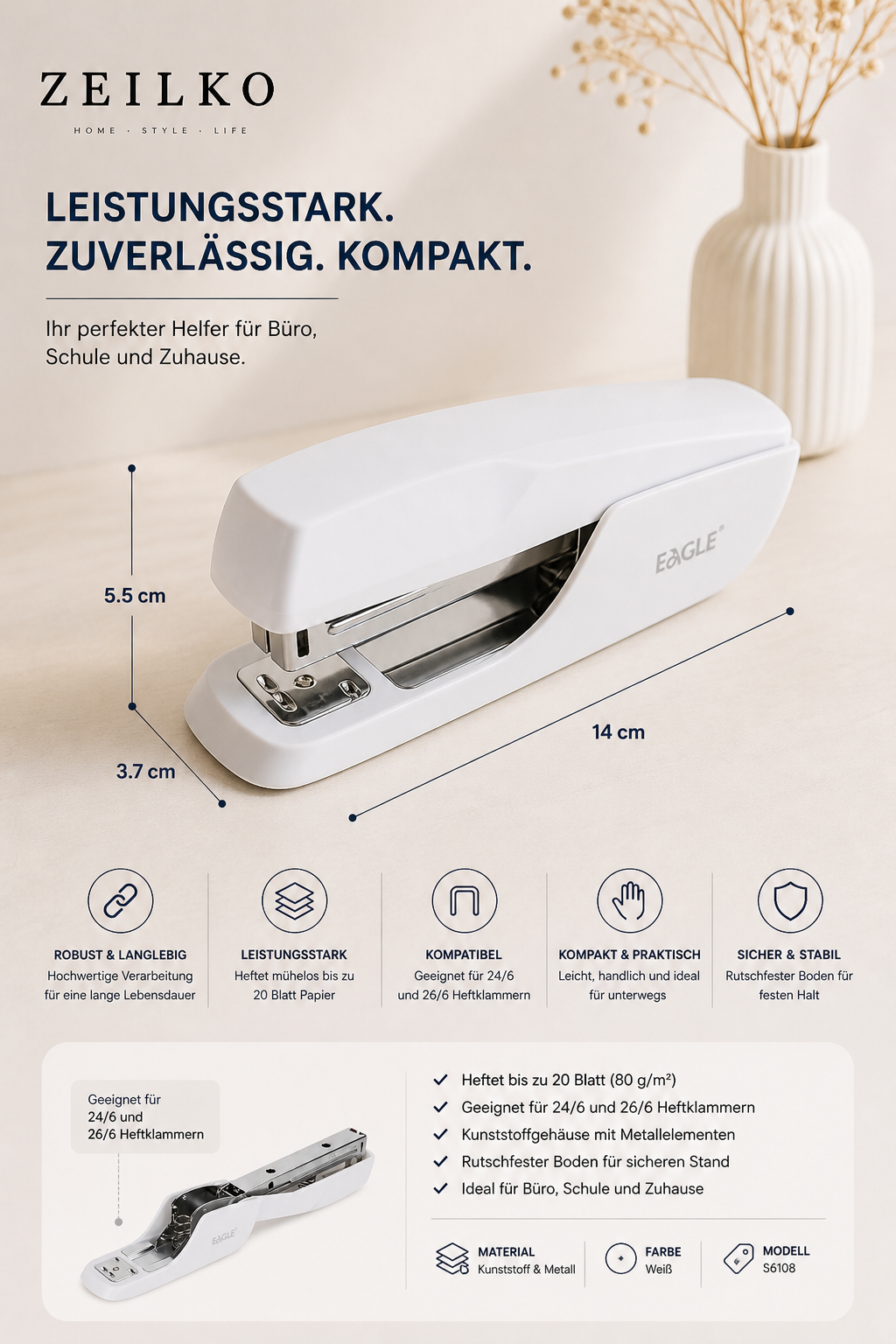 ZEILKO StaplePro Compact Heftgerät in Schwarz/Weiß – bis 20 Blatt, für Klammern 24/6 und 26/6