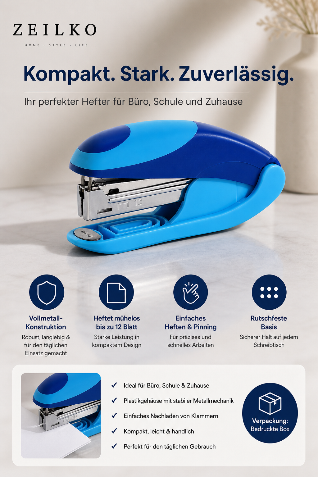 ZEILKO StapleLite Easy Mini-Heftgerät in Blau – leicht und kompakt, bis 12 Blatt, Klammergröße 24/6