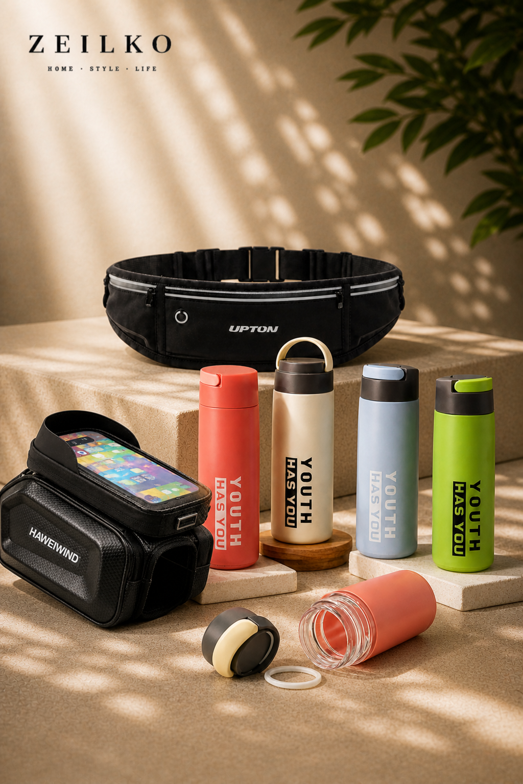 ZEILKO Fahrrad Starter Bundle mit Trinkflaschen, Handy-Fahrradtasche, Laufgürtel und praktischem Zubehör für Sport und Alltag