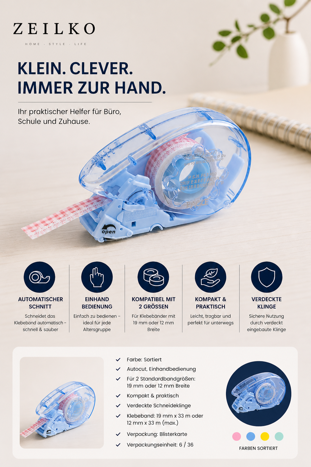 ZEILKO TapeCut Mini automatischer Klebebandabroller in Blau/Rosa – Einhandbedienung, für 12mm und 19mm Klebeband