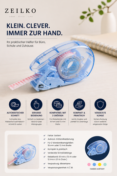 ZEILKO TapeCut Mini automatischer Klebebandabroller in Blau/Rosa – Einhandbedienung, für 12mm und 19mm Klebeband