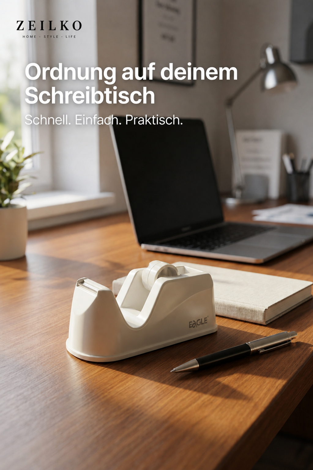ZEILKO Tisch-Klebebandabroller cremeweiß mit scharfer Metallklinge, rutschfestem Stand und kompakter Größe für Büro, Schule und Zuhause