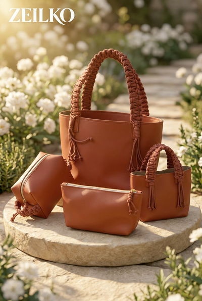 ZEILKO 4-teiliges Taschen-Set in Terracotta – Boho-Stil mit geflochtenen Makramee-Henkeln, Set-Ansicht