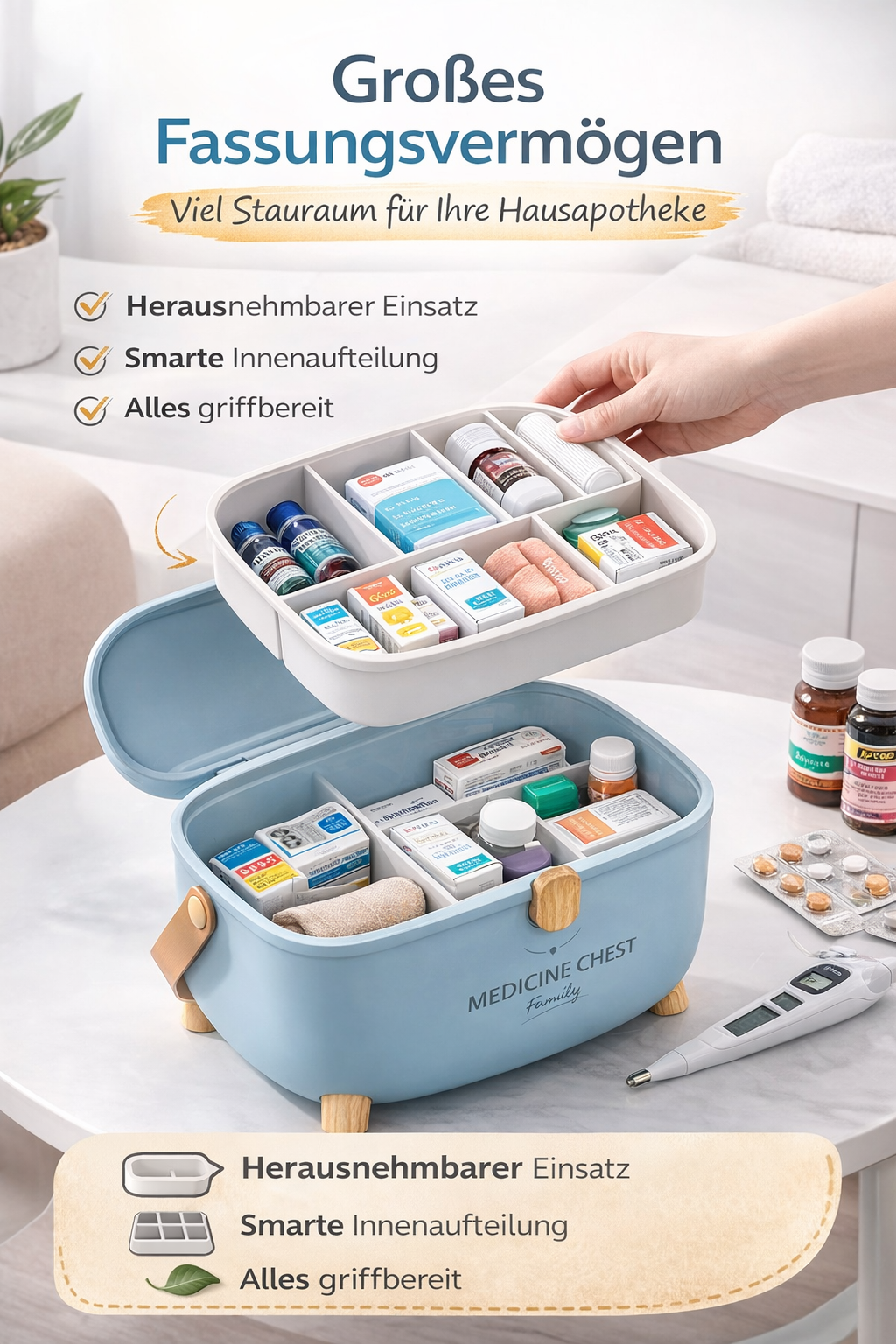 ZEILKO Hausapotheke Box in Weiß – großes Medikamentenbox-Set mit Einsatz und Tragegriff, ordentlich und stilvoll